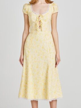 WAYF Yellow Floral Lace Up Midi Dress Puff Sleeve Lined Cottagecore Size M